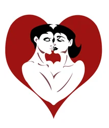 Omfamnande par, svartvit och röd grafisk bild, 2010